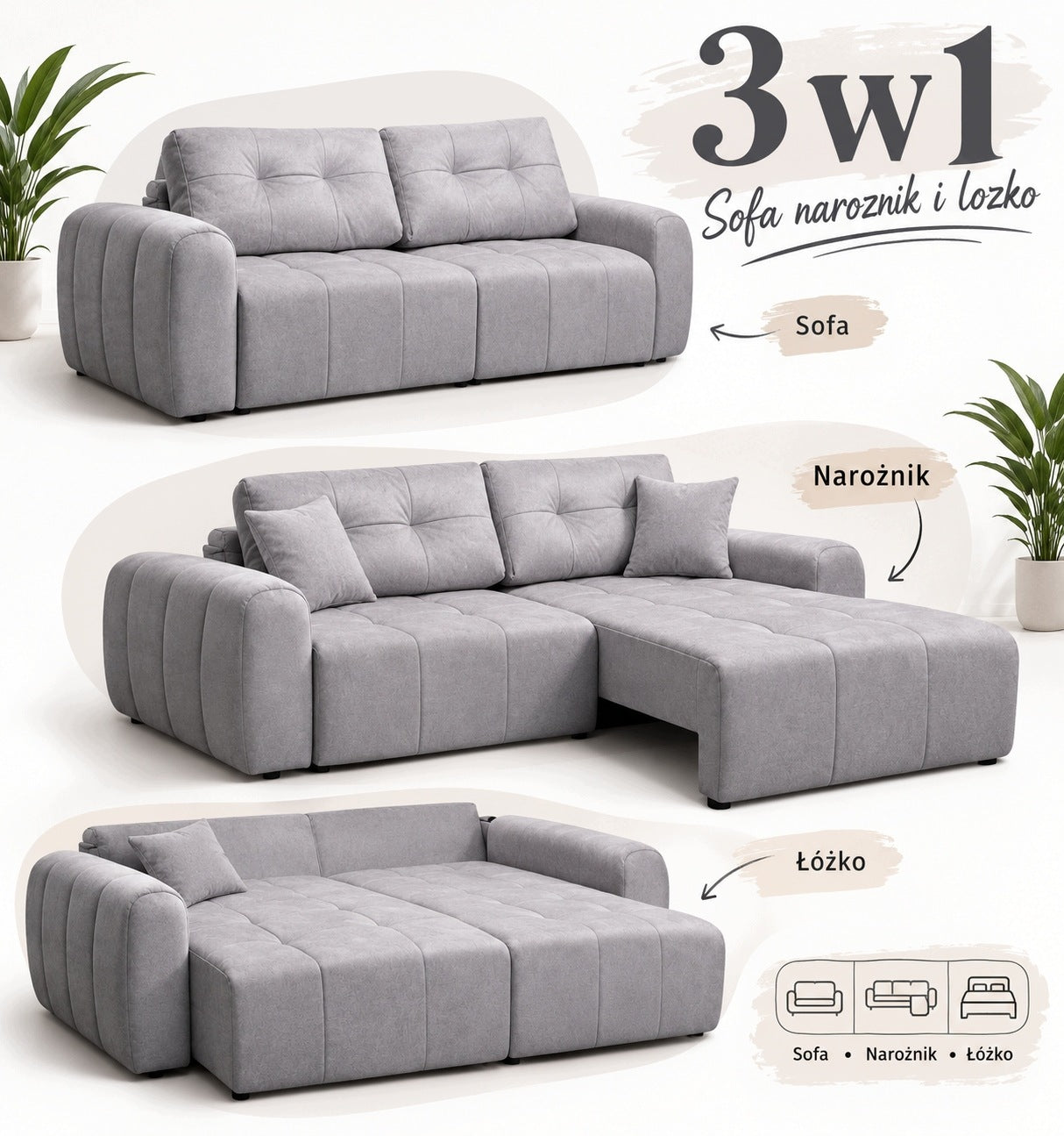 Sofa rozkładana BERG 258 Kanapa Funkcja Spania Pojemnik Nowoczesna 3 Osoby
