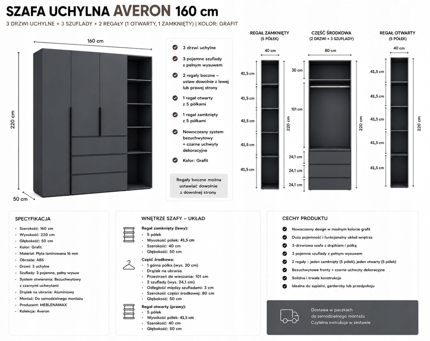 SZAFA UCHYLNA AVERON 8 160 cm DUŻA GARDEROBA 3-drzwiowa z szufladami Grafit