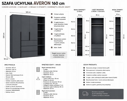 SZAFA UCHYLNA AVERON 8 160 cm DUŻA GARDEROBA 3-drzwiowa z szufladami Grafit