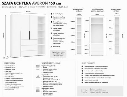 SZAFA UCHYLNA AVERON 8 160 cm DUŻA GARDEROBA 3-drzwiowa z szufladami Biały