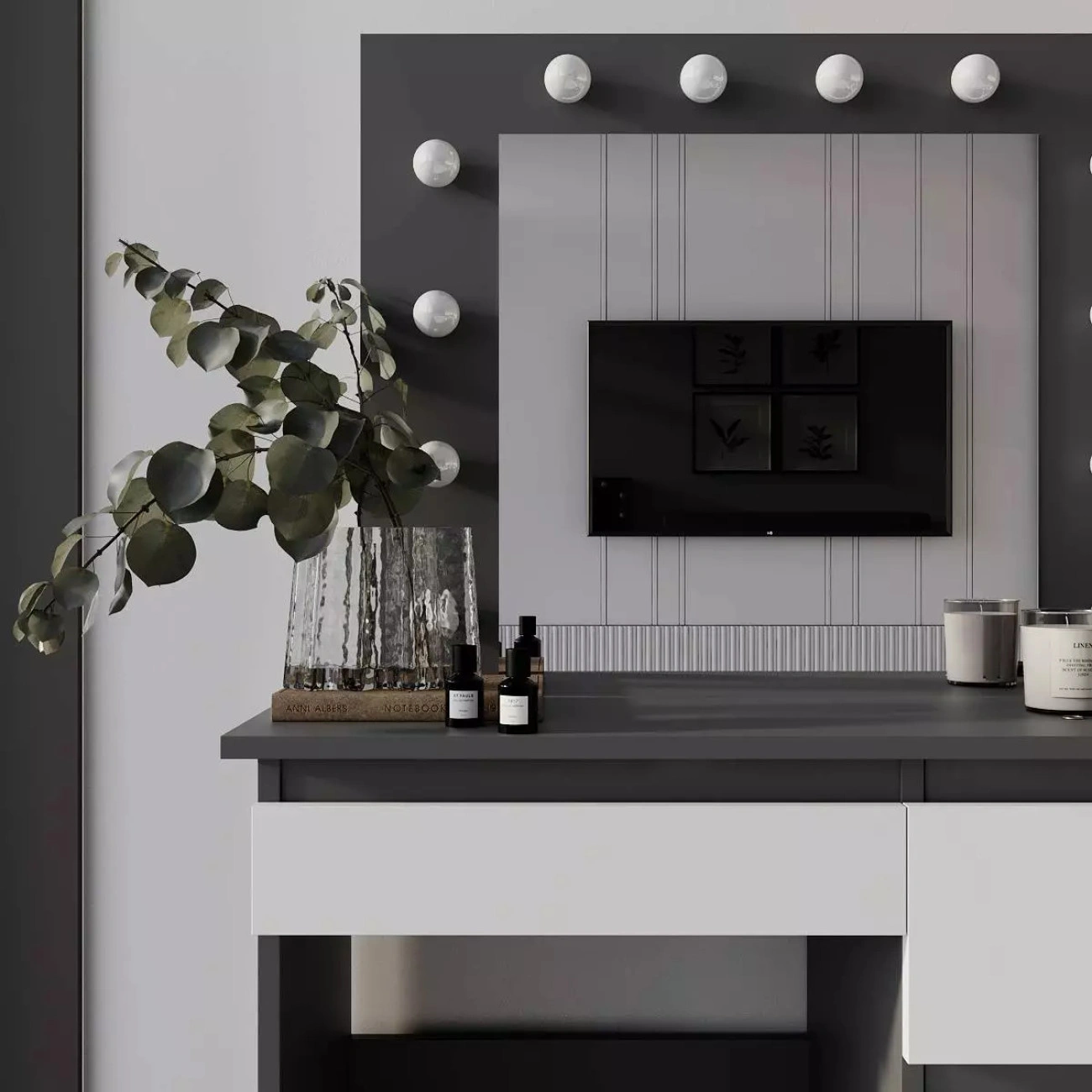 Toaletka z lustrem BEAUTY 12x LED Szuflady Biurko Stolik do makijażu Grafit/Biała