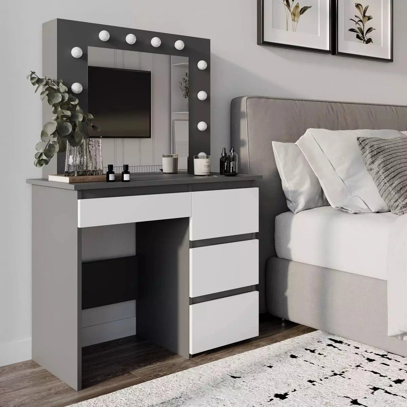 Toaletka z lustrem BEAUTY 12x LED Szuflady Biurko Stolik do makijażu Grafit/Biała
